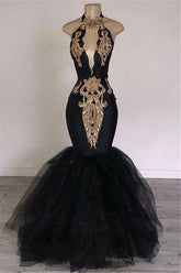 2025 Sexy Prom Dresses, Black Mermaid Tulle With Gold Appliques V Neck Backless
